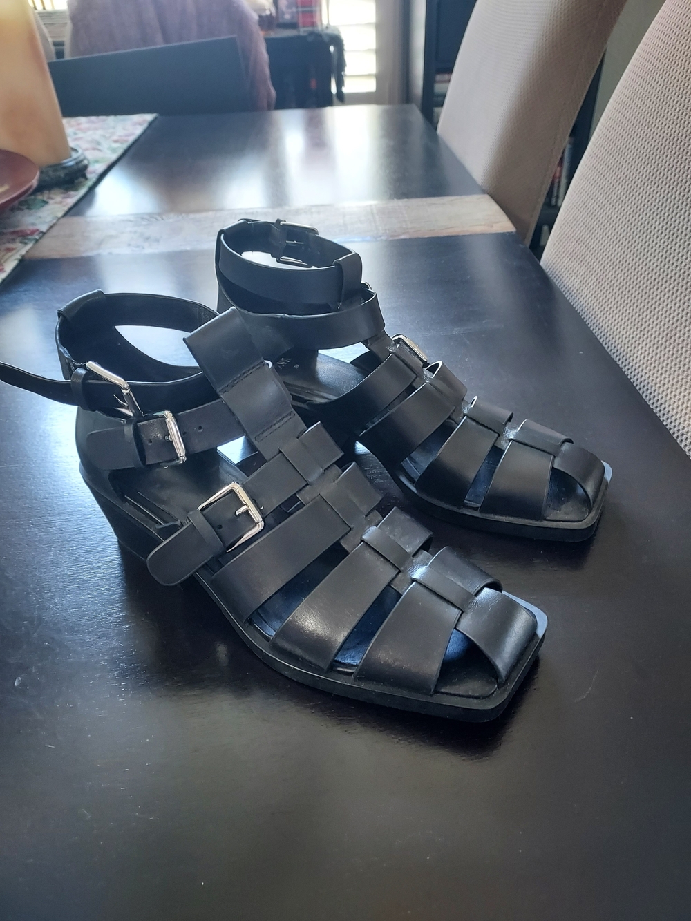 Zara Genuine Leather Women's Black Strappy Buckle Gladiator Sandals, 39/8.5